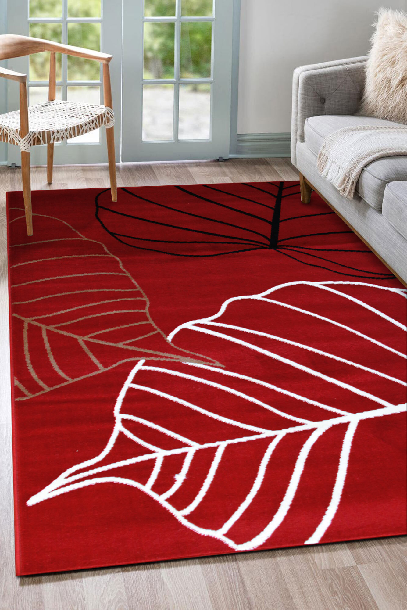 Large View Gil Modern Red Leaf Pattern Rug(Size 170 x 120cm)