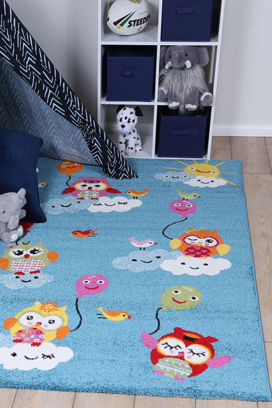 Large View Hello Blue Owl & Balloon Kids Rug (Size 170 x 120cm)