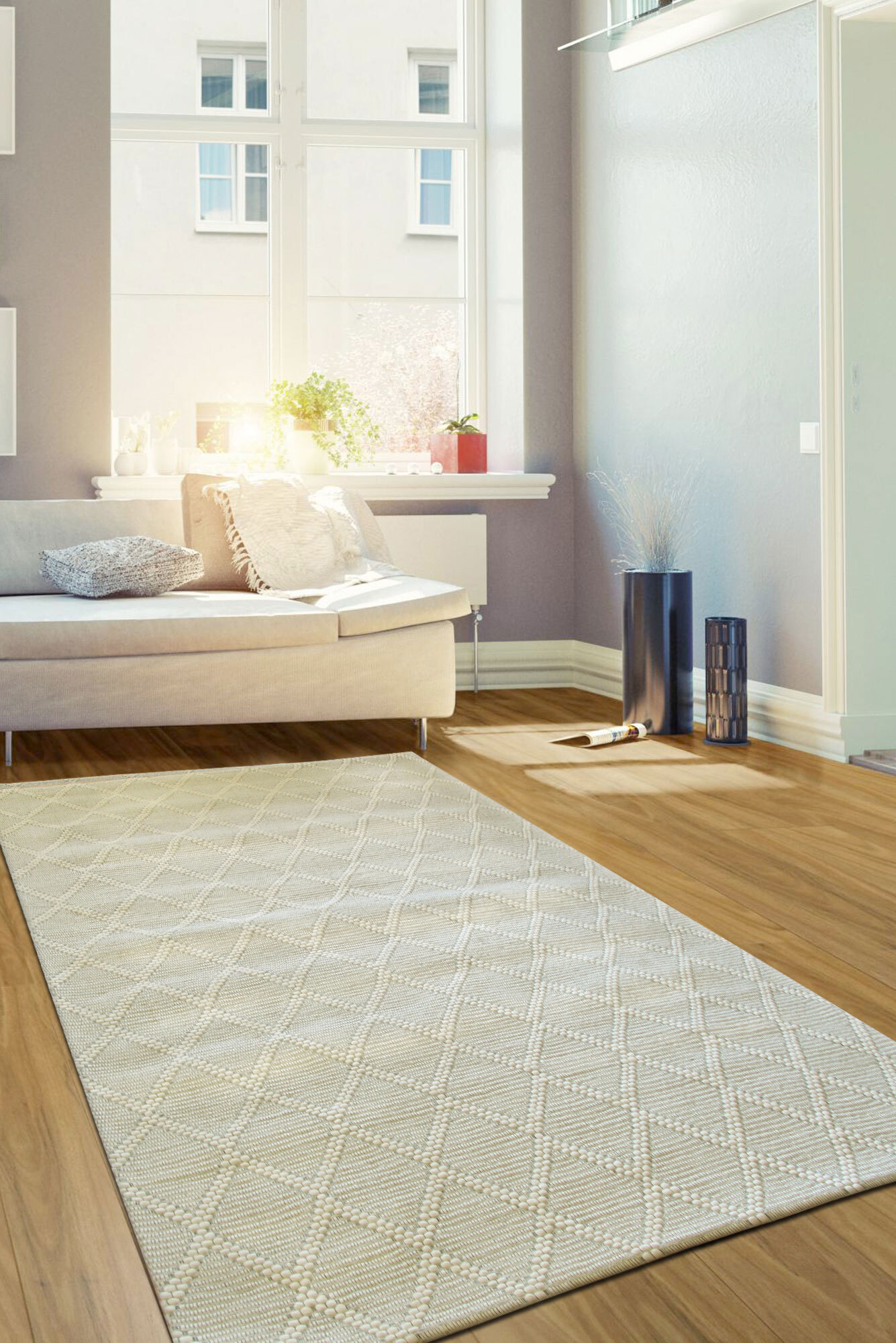 Large View Harper Diamond Pattern Wool Rug(Size 220 x 150cm)