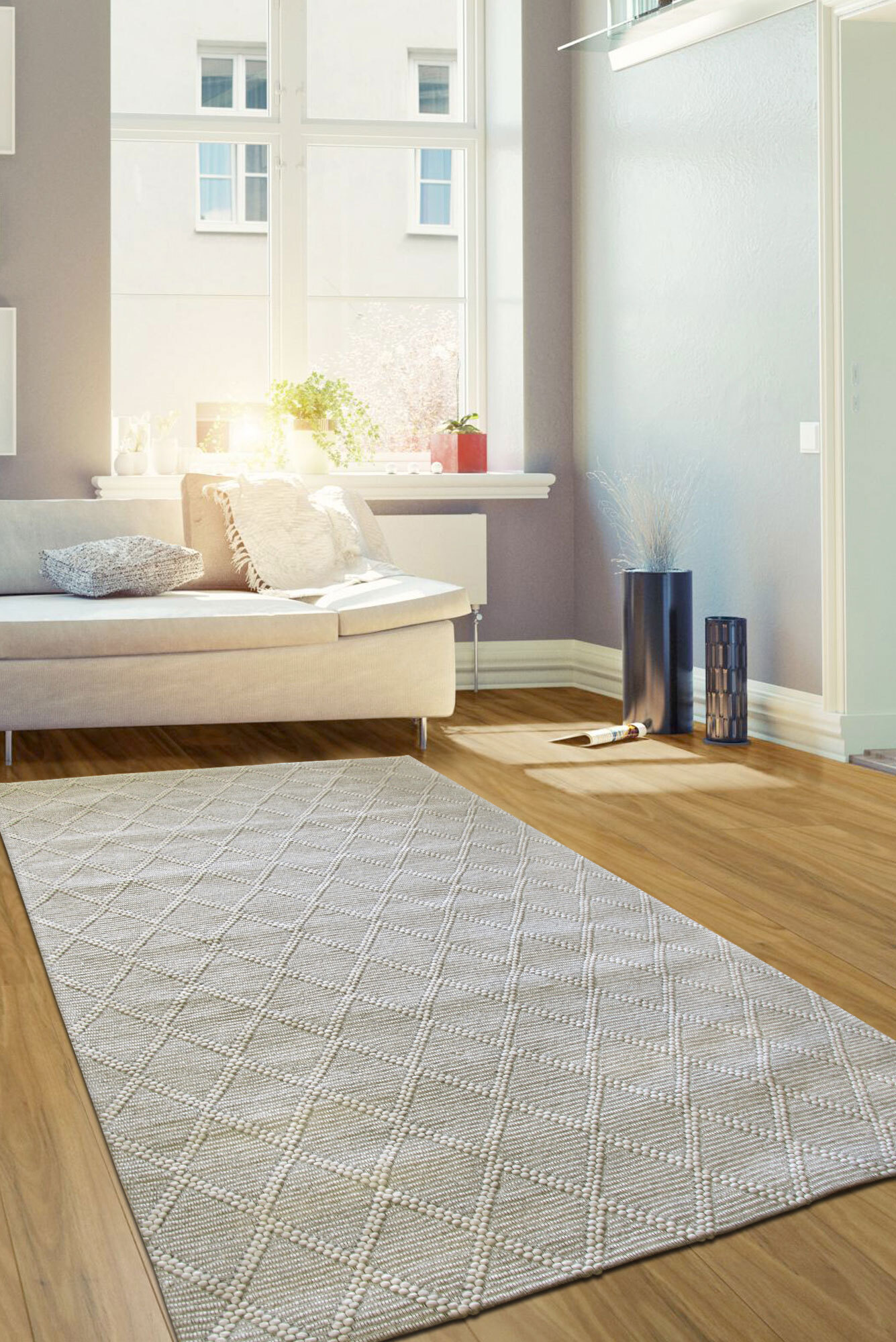 Large View Harper Grey Diamond Wool Rug(Size 220 x 150cm)