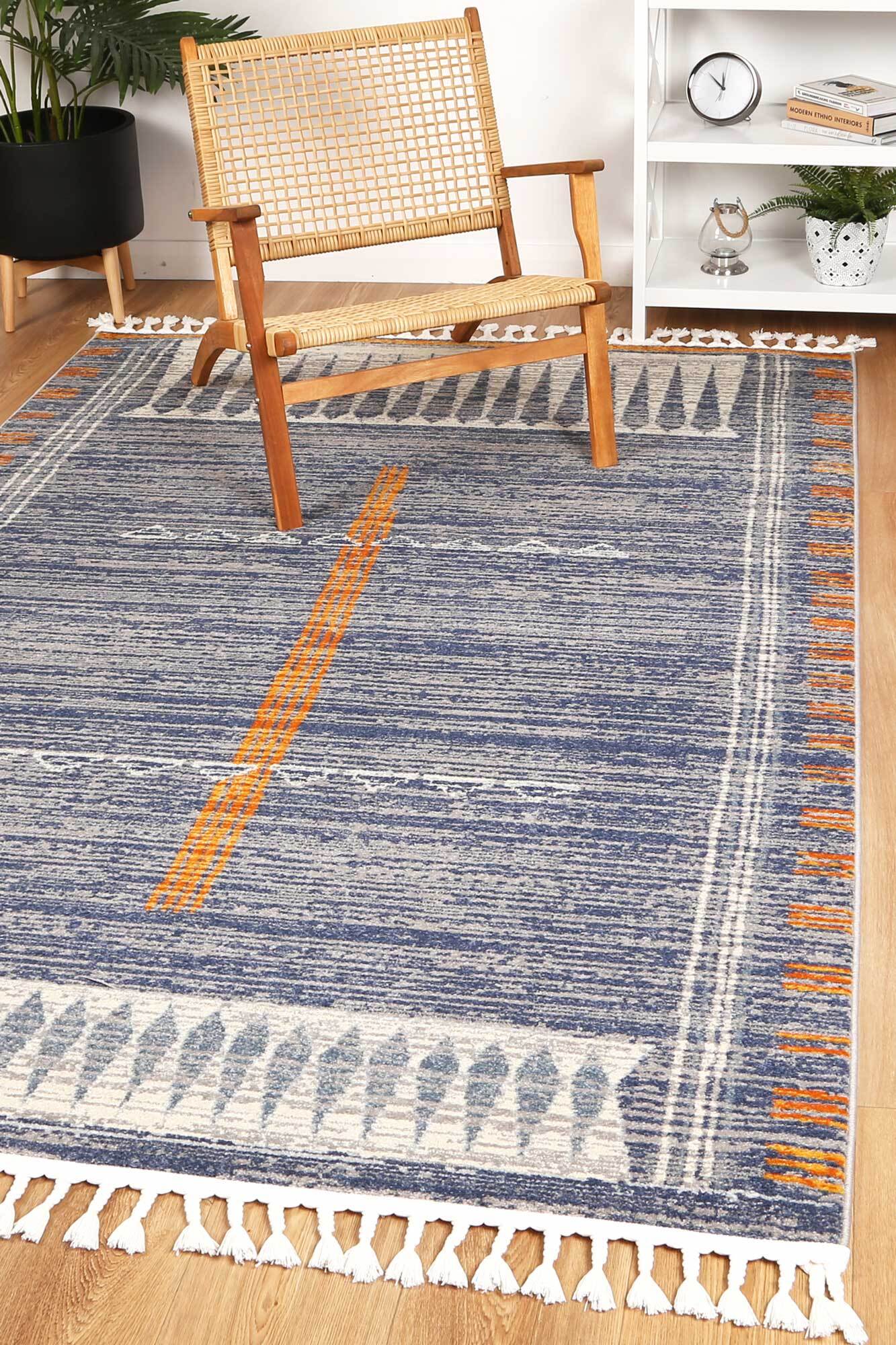 Large View Inti Blue Moroccan Fringed Rug(Size 230 x 160cm)