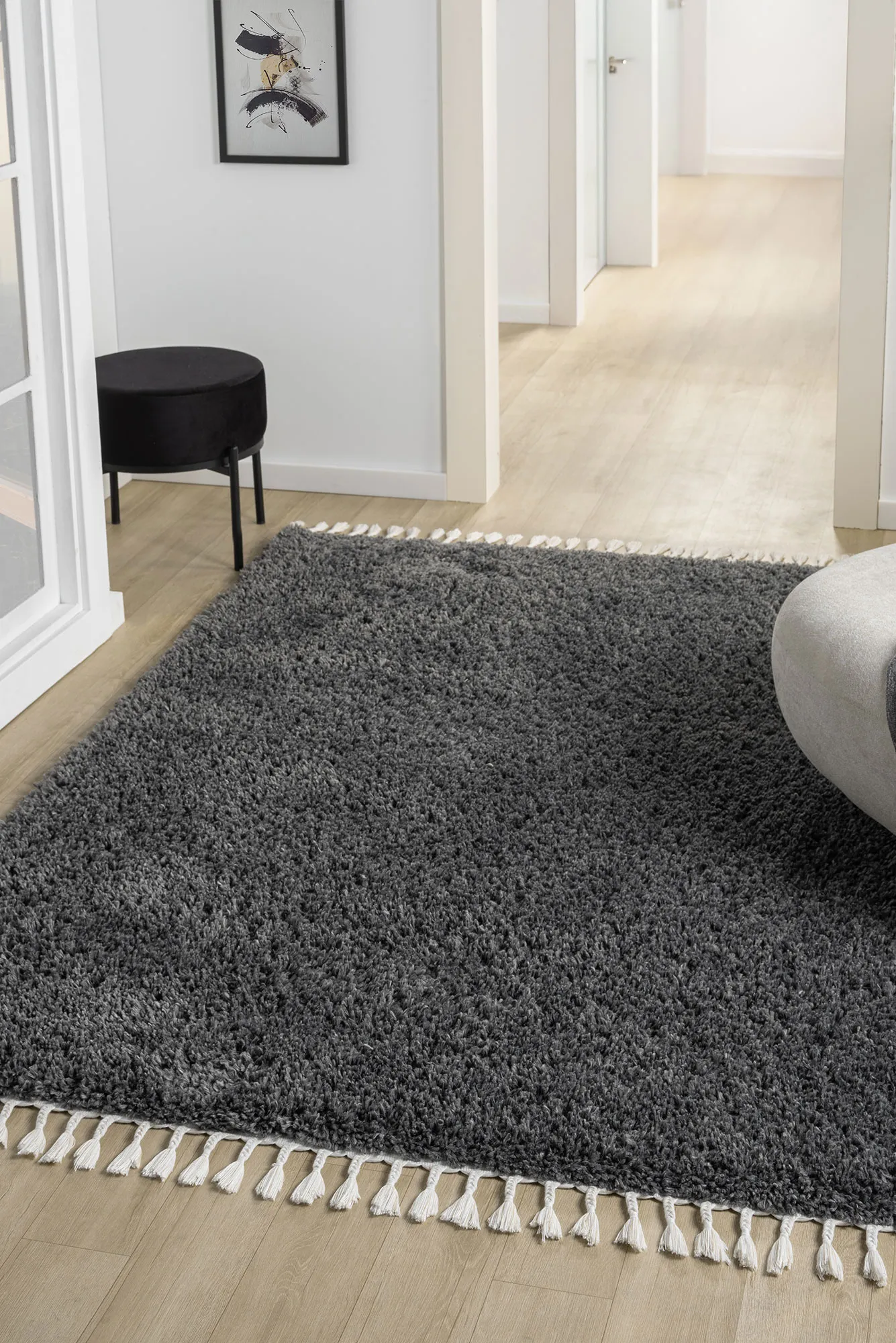 Large View Joey Plain Anthracite Shaggy Rug(Size 230 x 160cm)