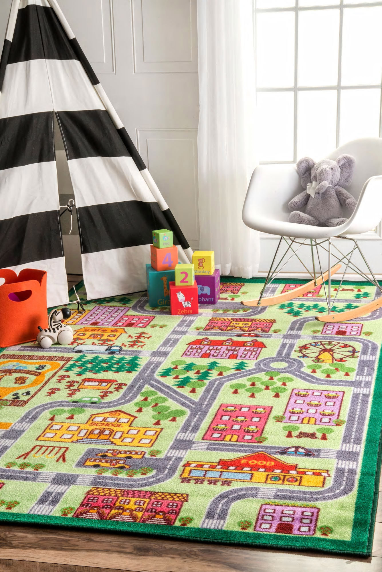 Large View Kids Country Town Car Road Rug(Size 150 x 100cm)