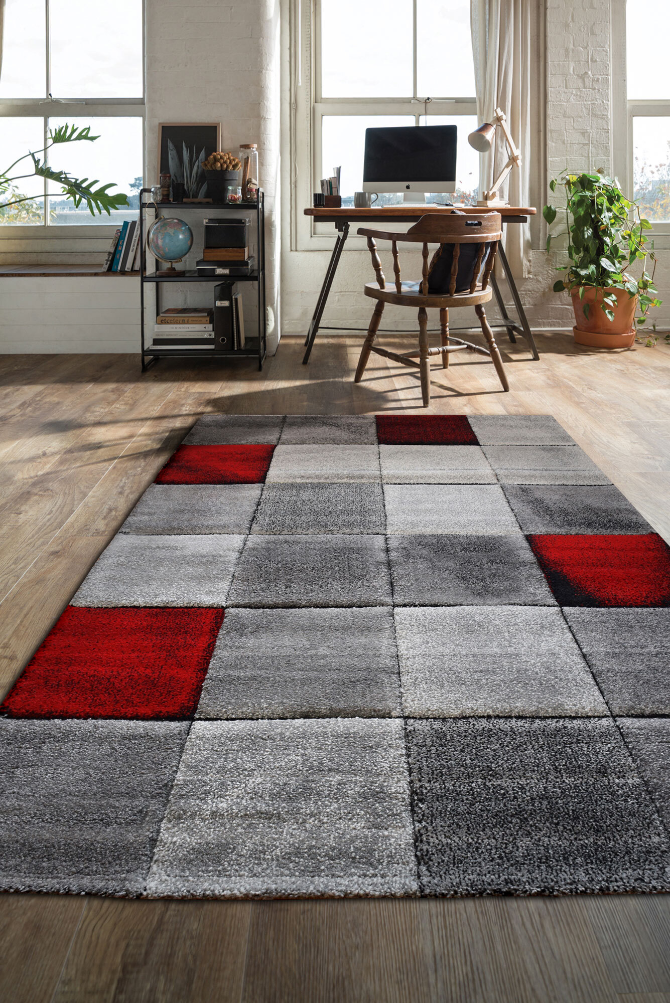 Large View Lucia Red Square Pattern Rug(Size 160 x 120cm)