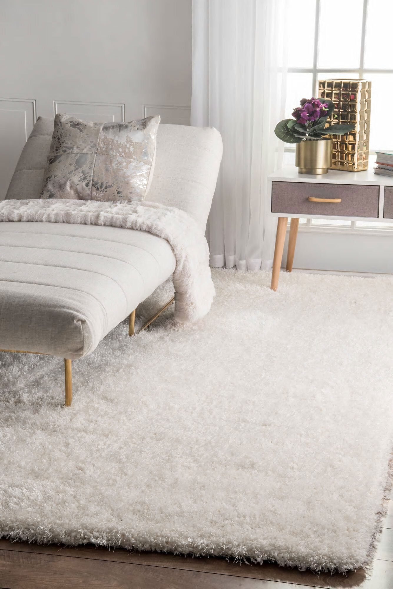 Liam Thick Plain Shaggy White Rug(Size 170 x 120cm)