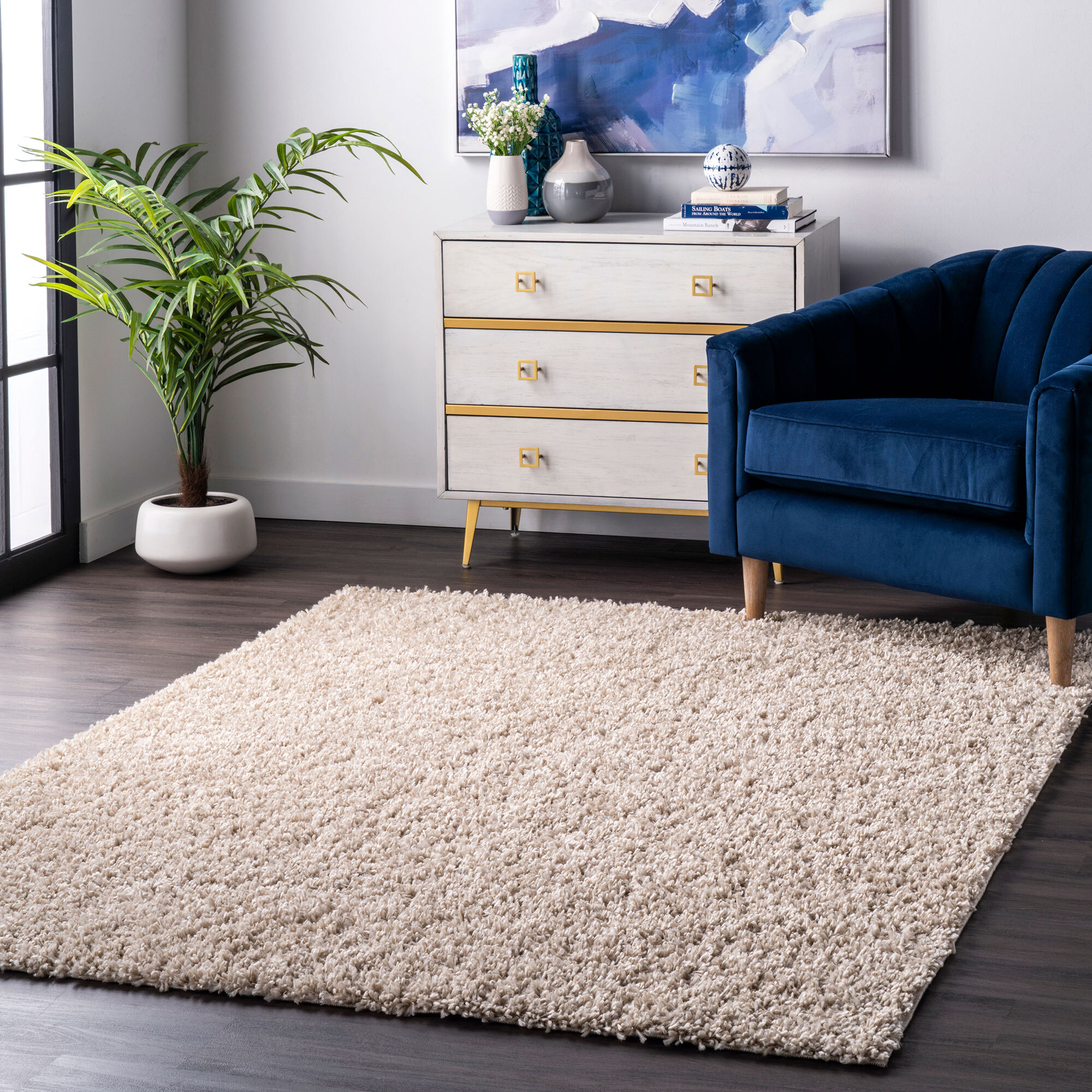 Large View Luis Plain Beige Shaggy Rug