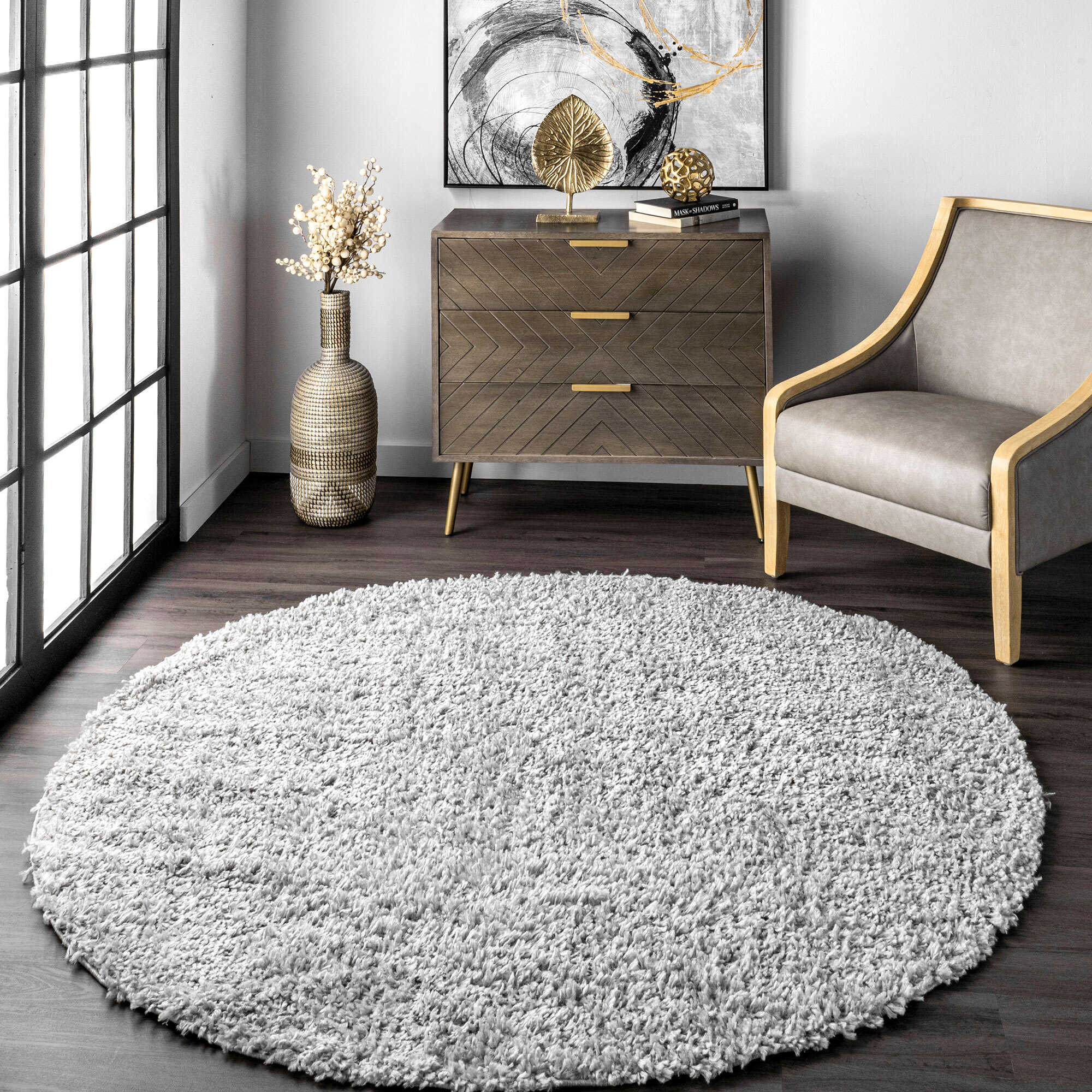 Large View Luis Plain Grey Shaggy Rug(Size 200 x 200cm) ROUND