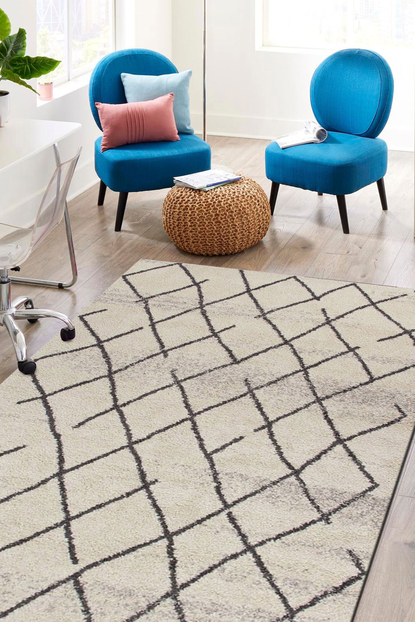 Large View Nordic Beige Moroccan Trellis Rug(Size 170 x 120cm)