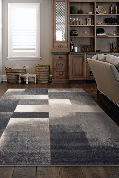 Large View Orel Grey Square Pattern Rug(Size 170 x 120cm)