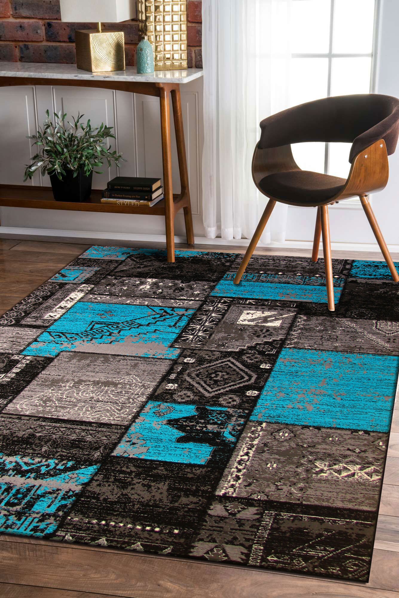 Large View Paris Turquoise Patchwork Rug(Size 180 x 120cm)