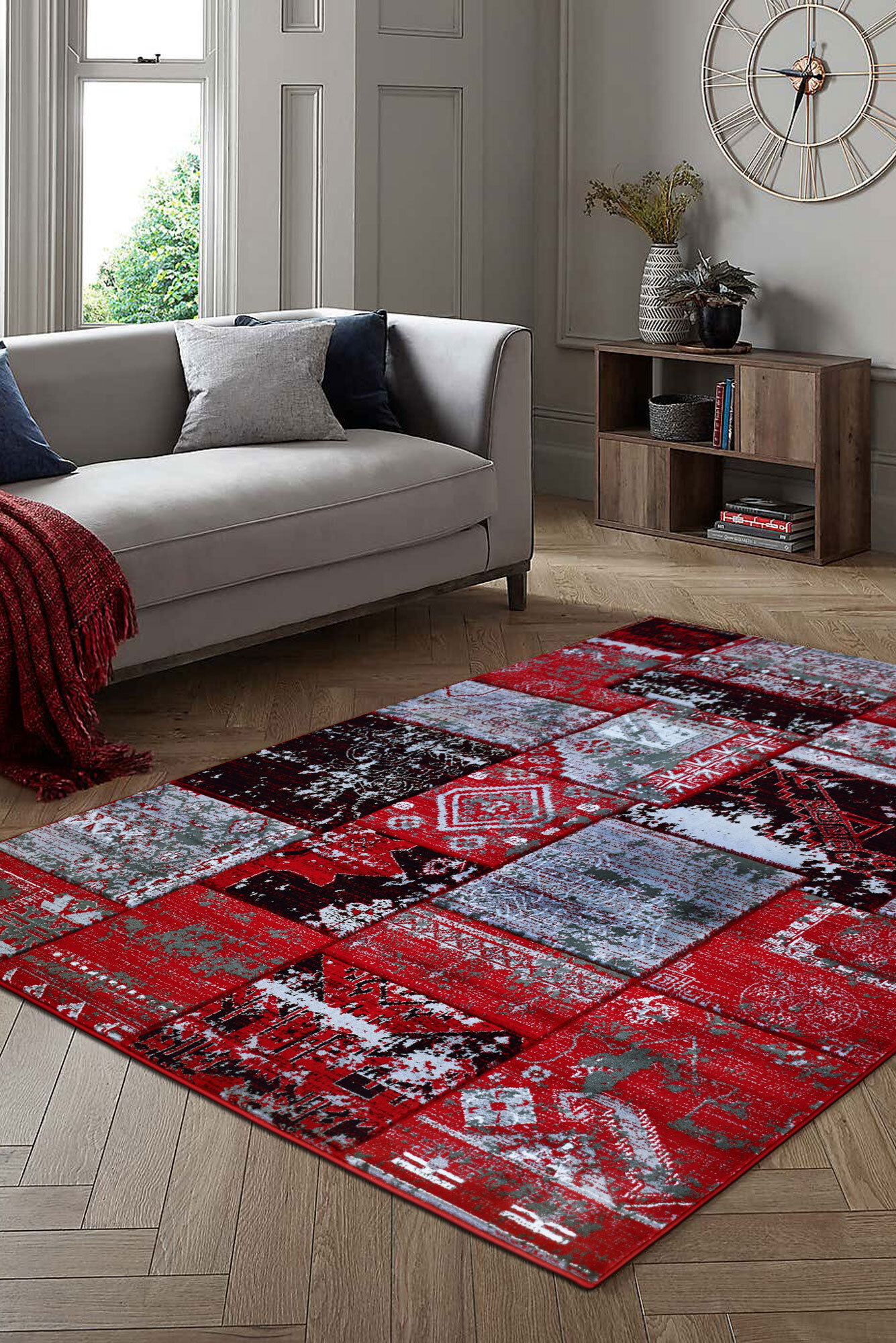 Large View Paris Carved Red Patchwork Rug(Size 180 x 120cm)