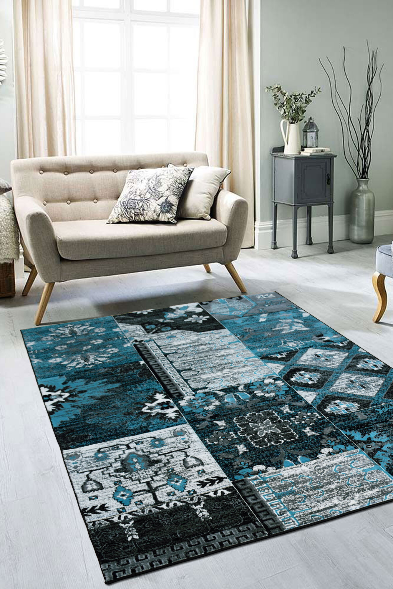 Large View Paris Carved Blue Patchwork Rug(Size 180 x 120cm)