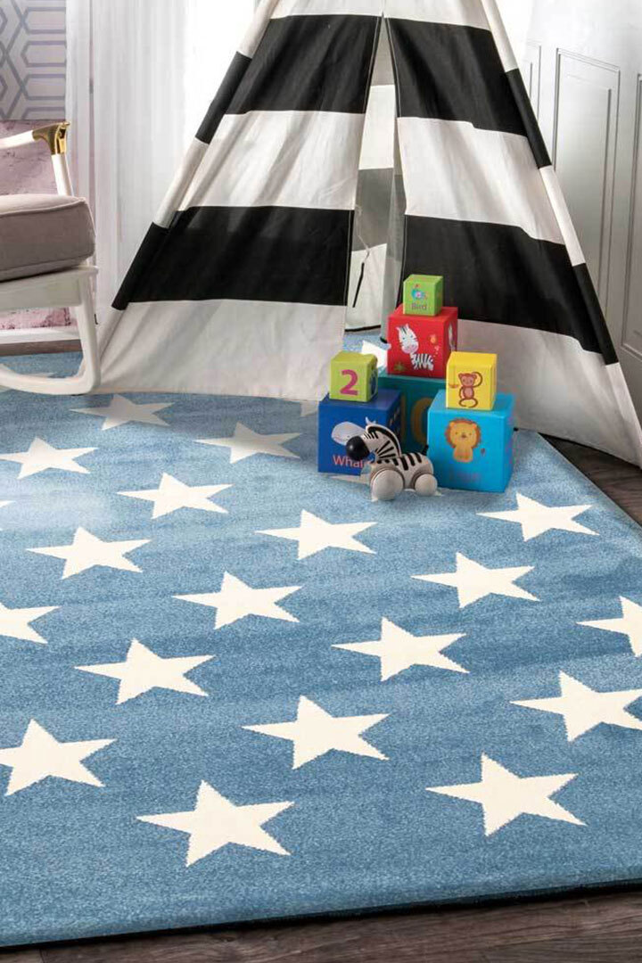 Large View Petite Blue Modern Star Kids Rug(Size 170 x 120cm)