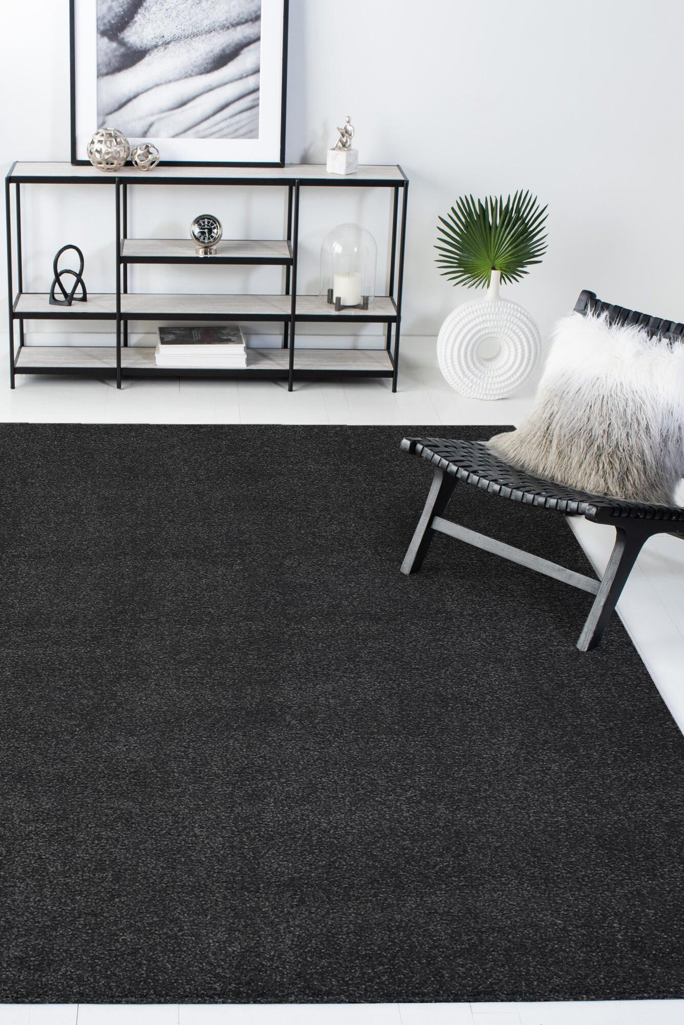 Large View Plush Plain Black Rug(Size 170 x 120cm)