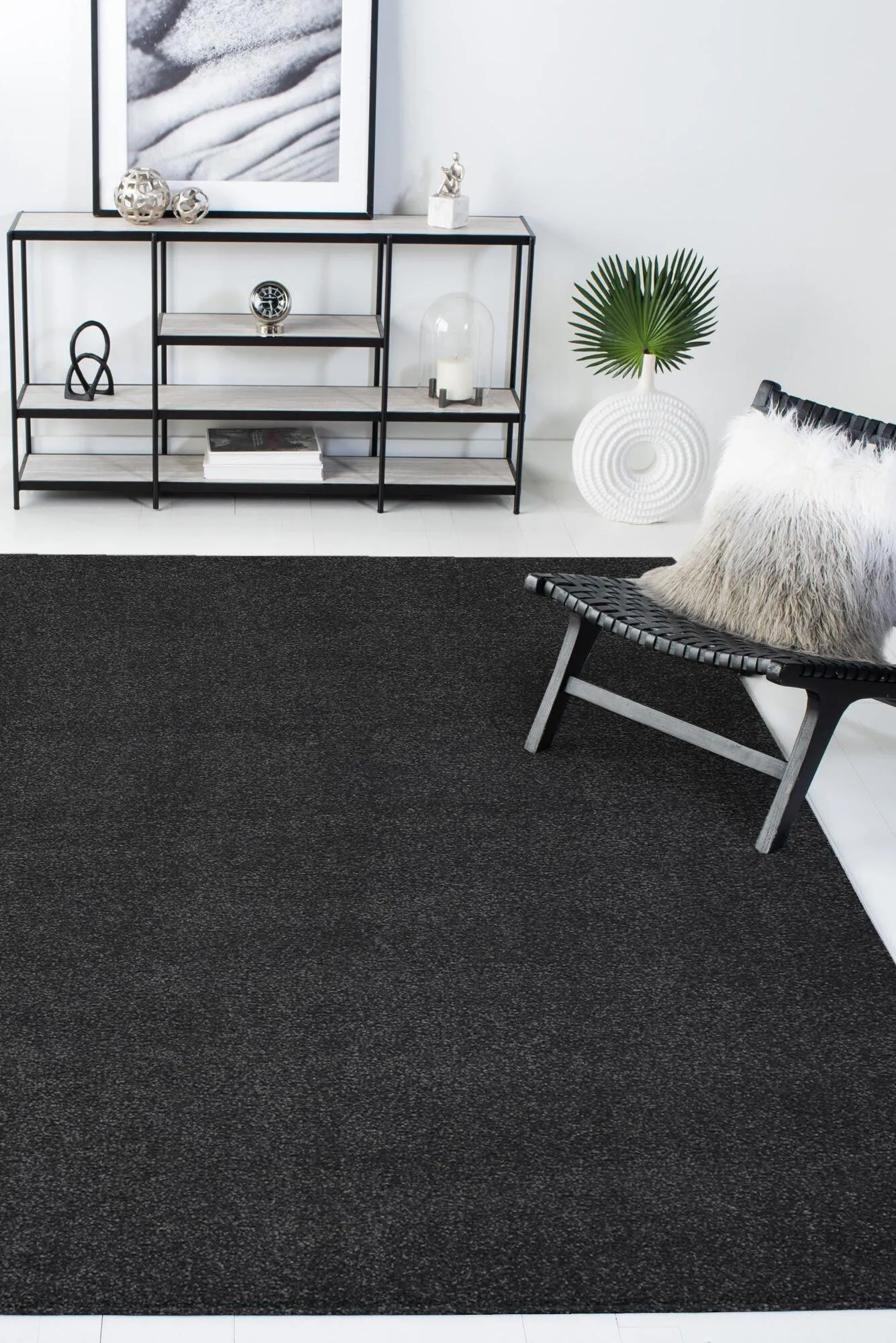 Large View Plush Plain Black Rug(Size 170 x 120cm)