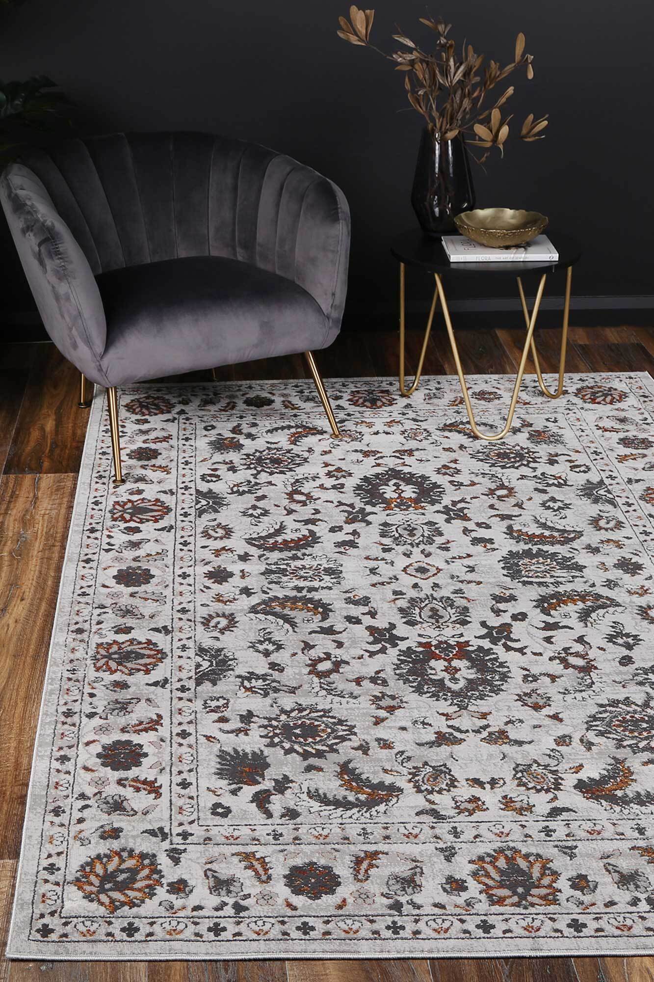 Poe Grey Traditional Floral Rug(Size 170 x 120cm)