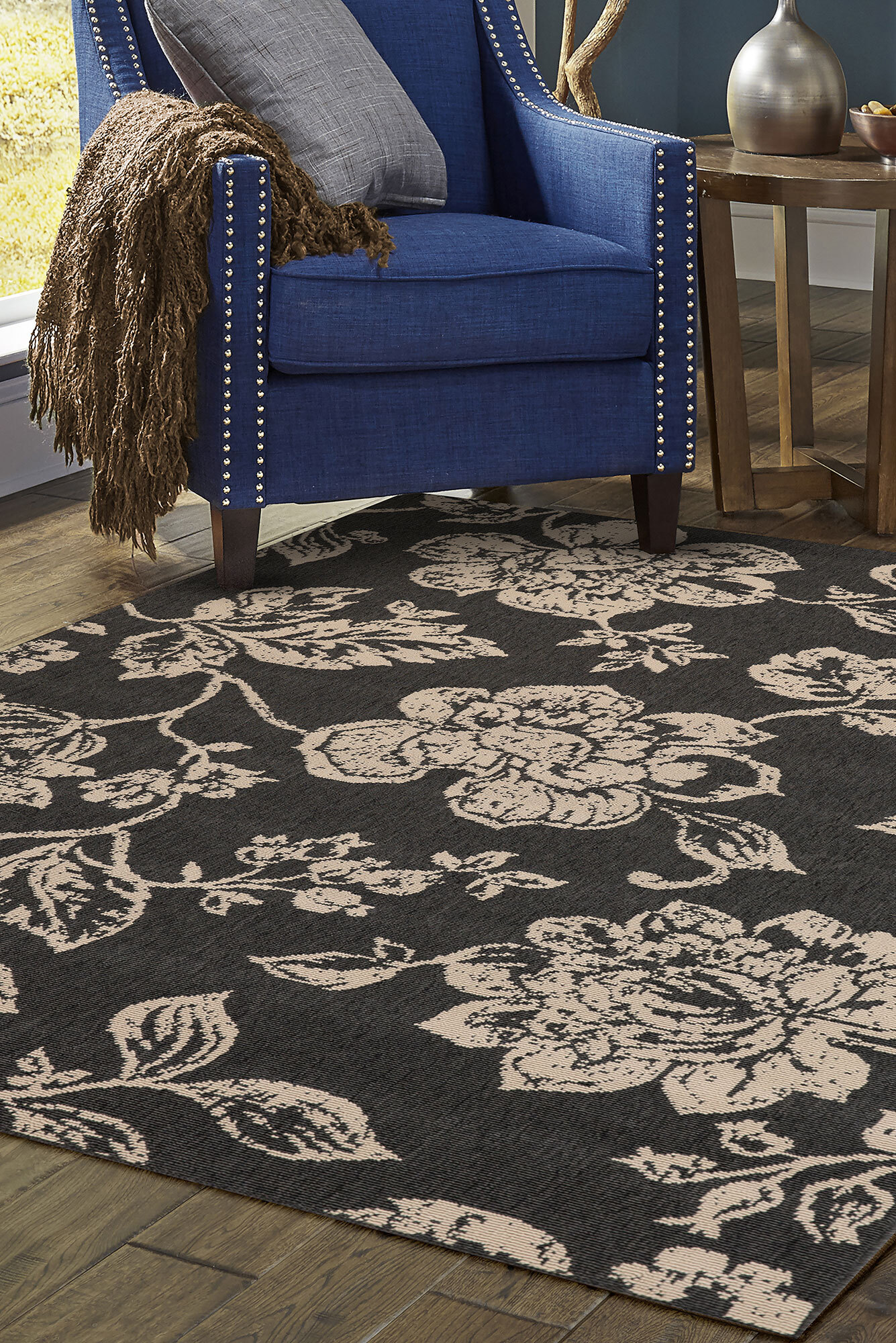 Large View Pablo Black Floral Flatweave Rug(Size 170 x 120cm)