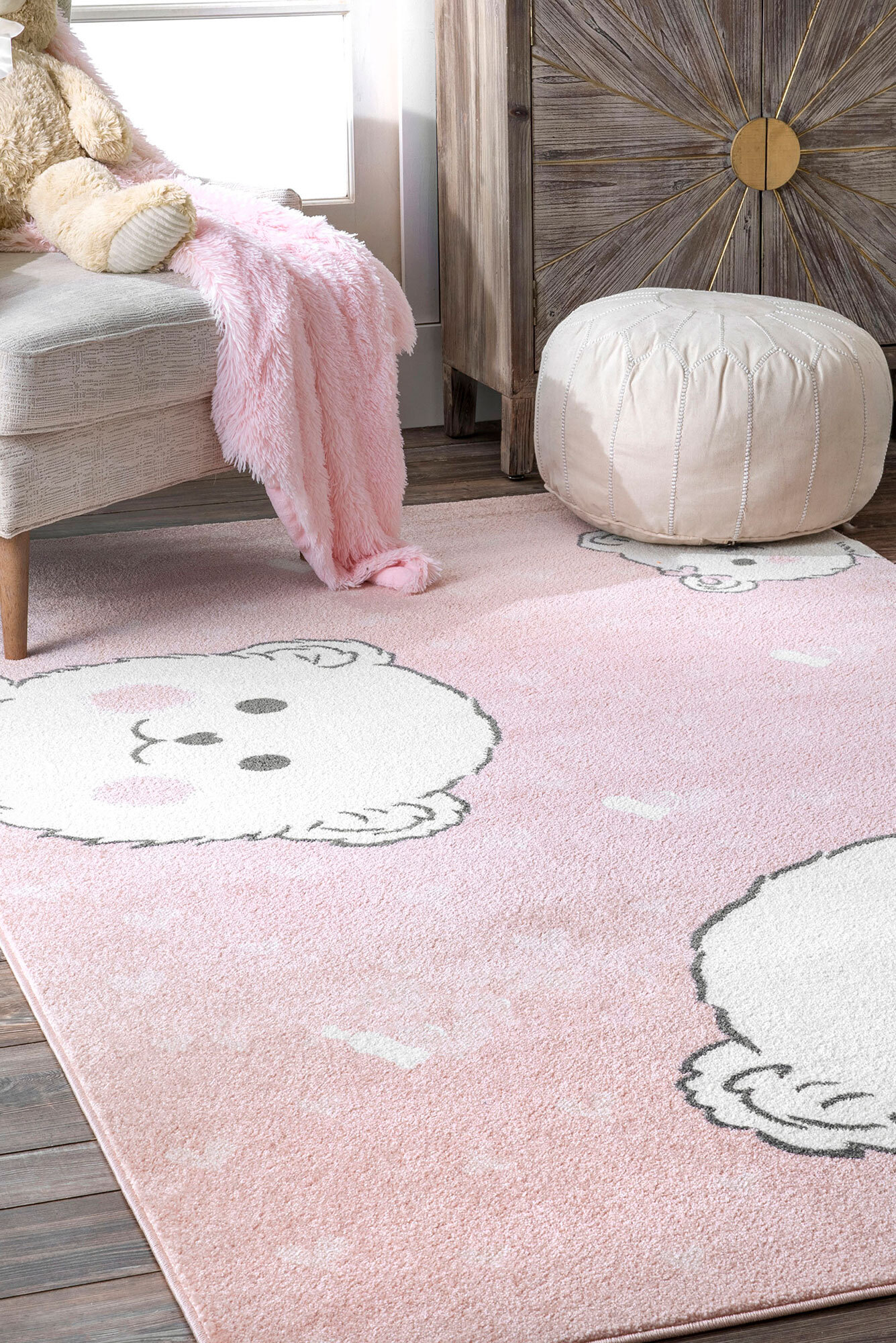 Large View Poppy Pink Teddy Bear Kids Rug(Size 170 x 125cm)
