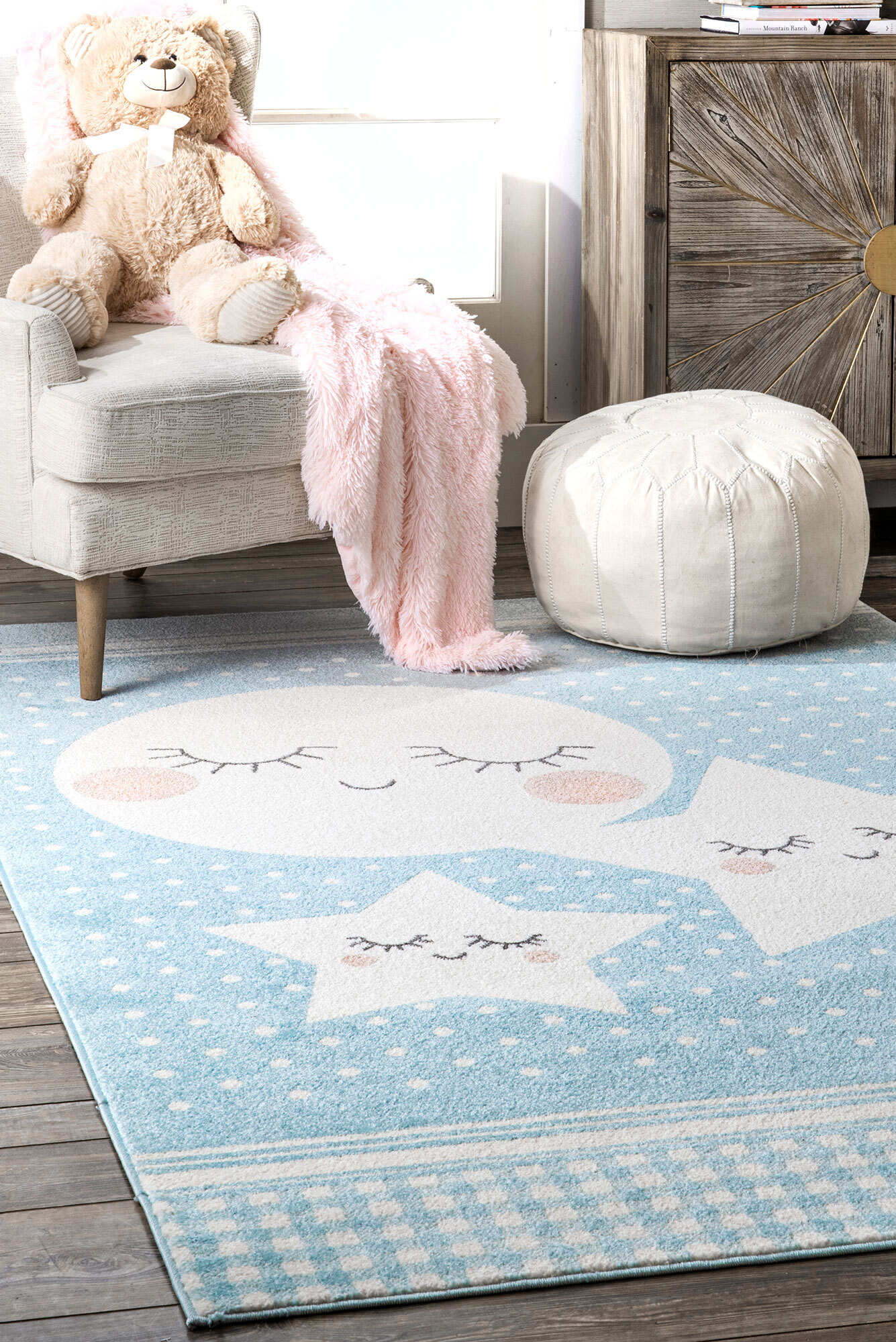 Poppy Moon & Stars Blue Kids Rug(Size 170 x 125cm)