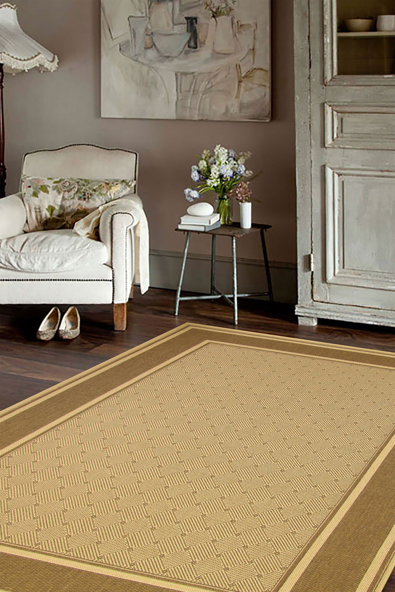 Large View Sama Beige Flatweave Border Rug(Size 170 x 120cm)