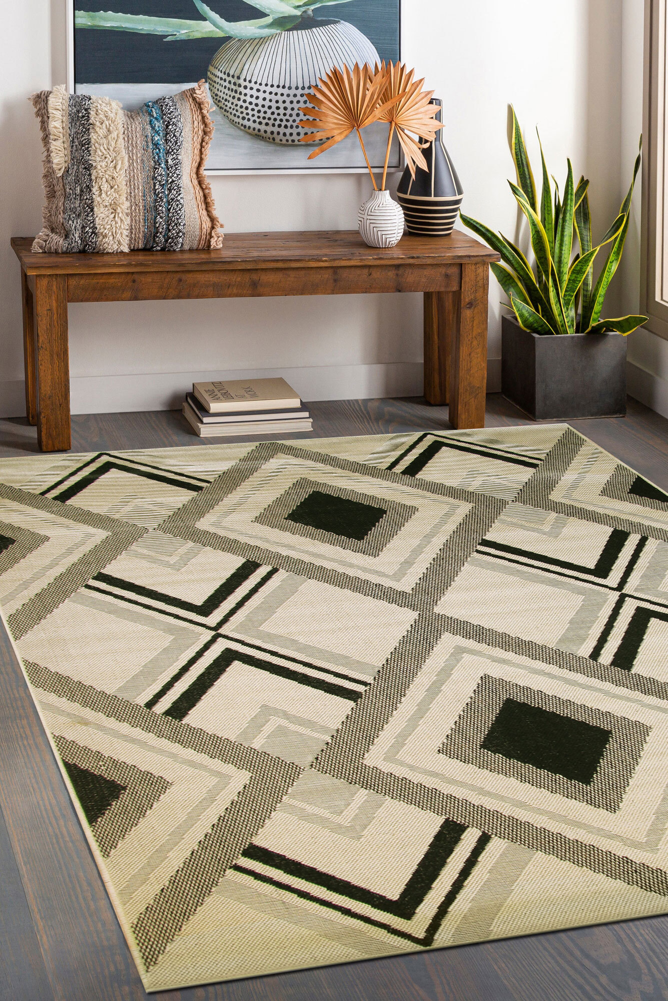 Large View Storm Ivory Diamond Pattern Rug(Size 170 x 120cm)