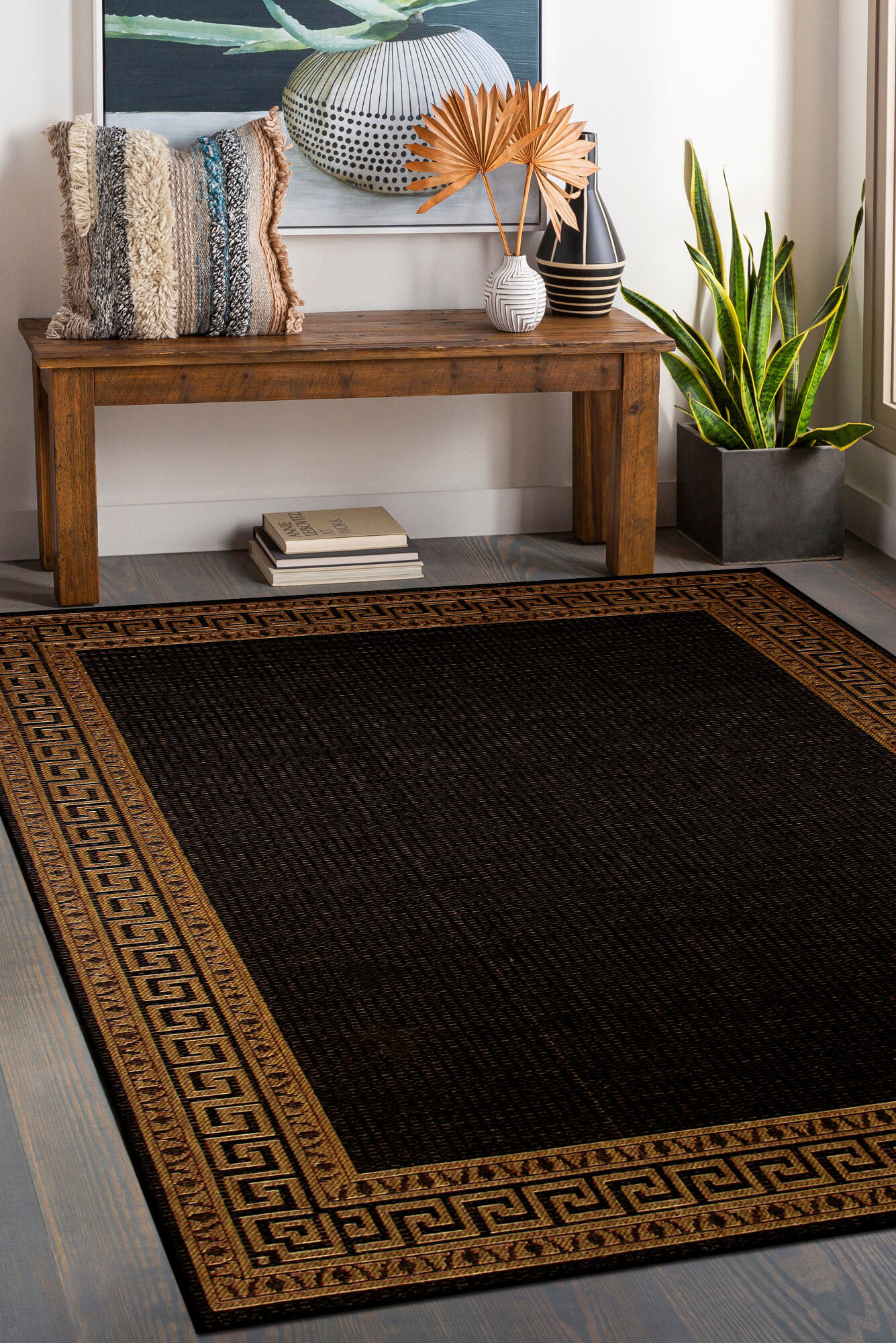 Large View Storm Black Greek Key Border Rug(Size 170 x 120cm)