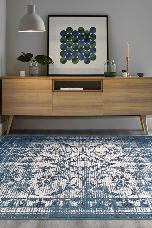 Large View Sonia Blue Transitional Floral Rug(Size 150 x 80cm)