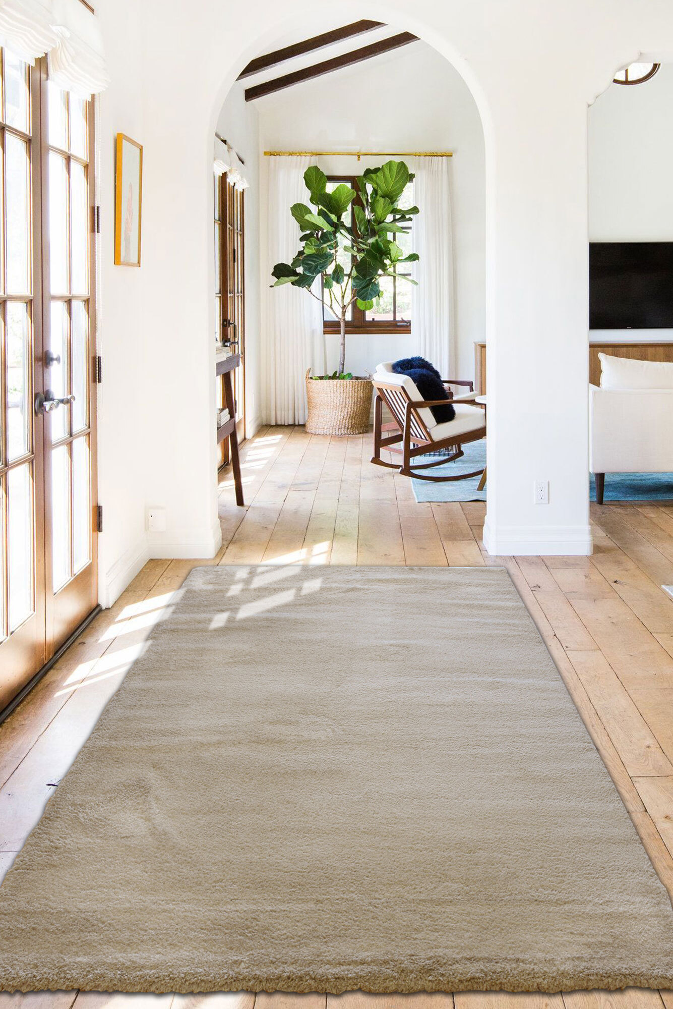 Large View Soft Plain Beige Thick Shaggy Rug(Size 160 x 120cm)