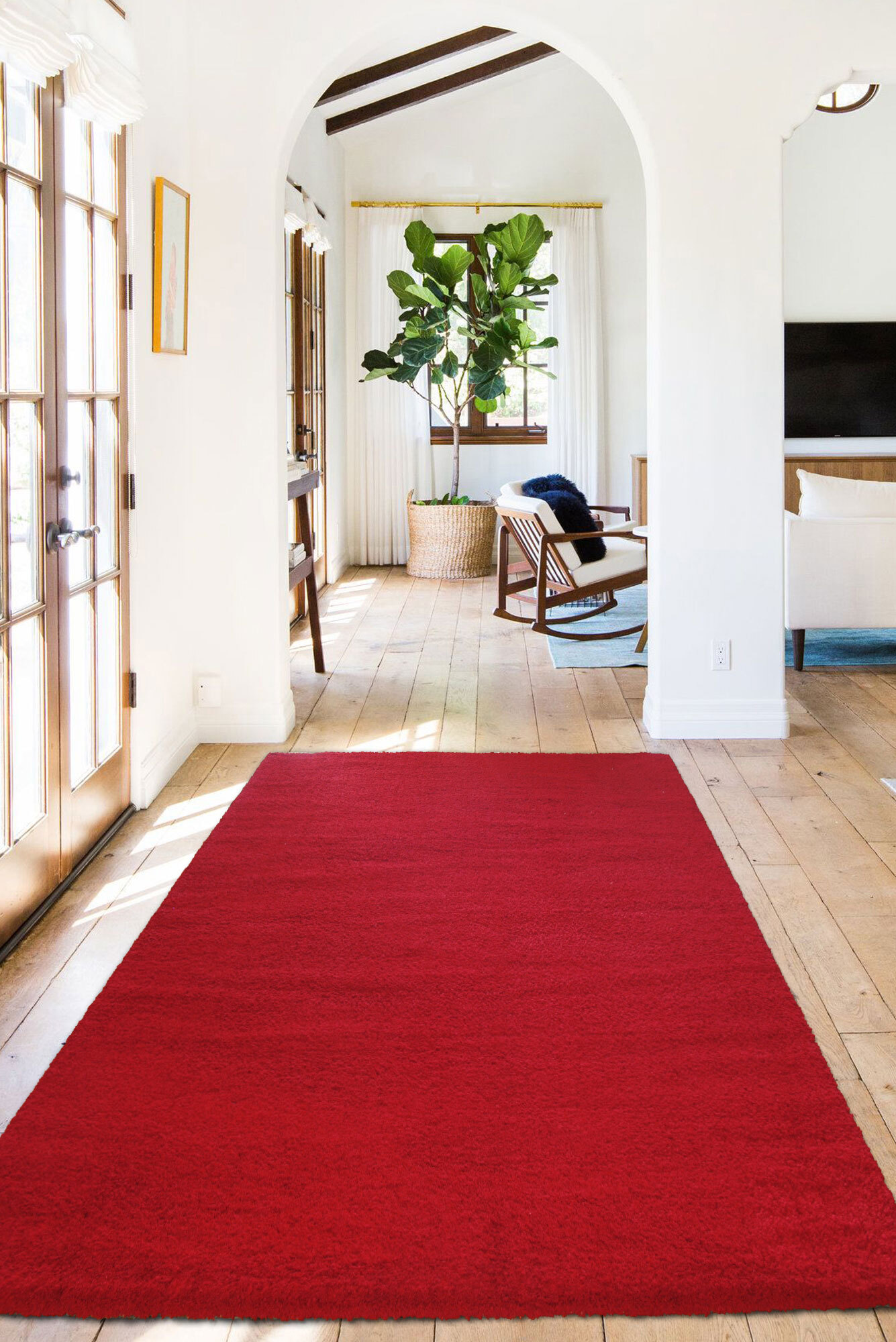 Large View Soft Plain Red Thick Shaggy Rug(Size 160 x 120cm)