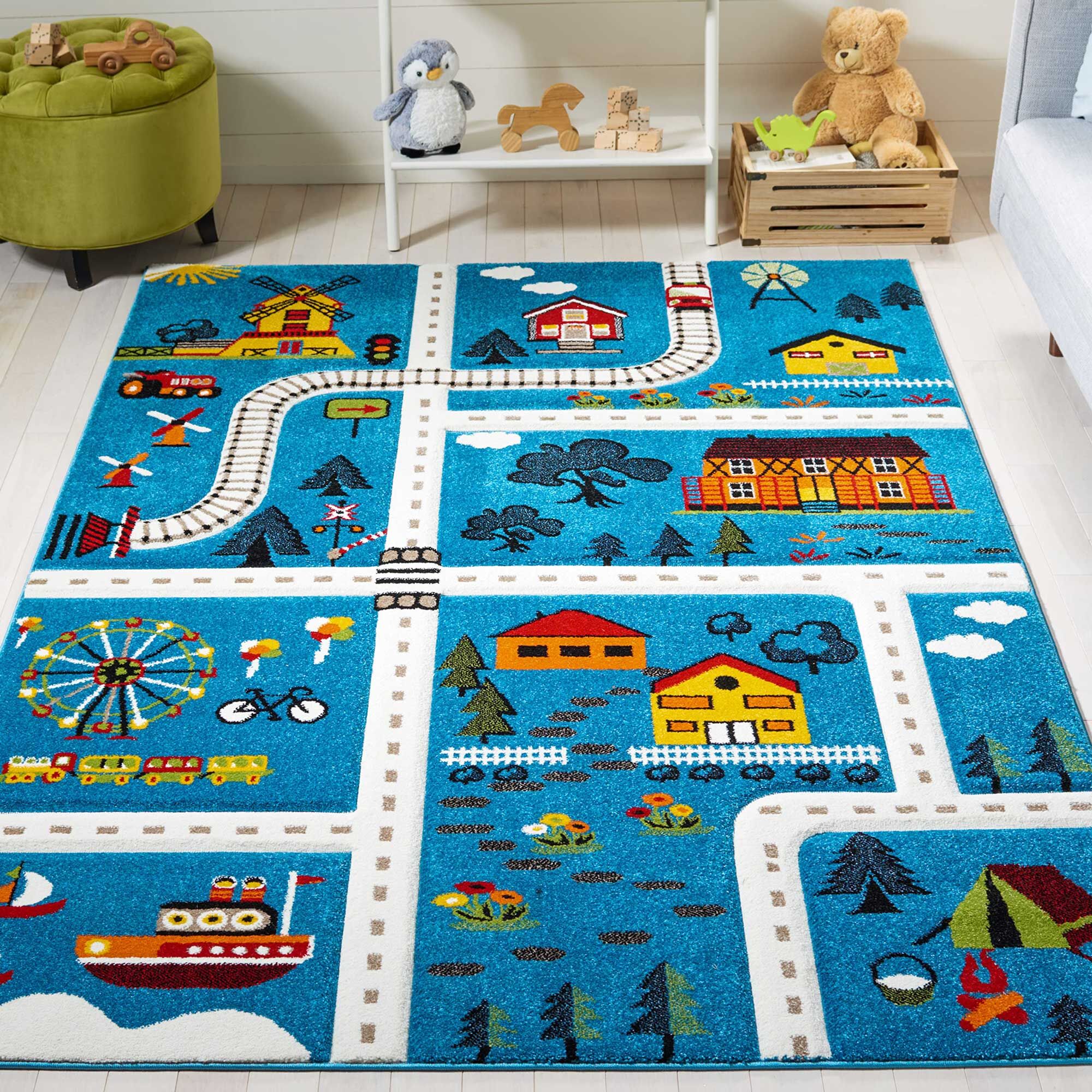 Large View Speedy Kids Town Road Rug