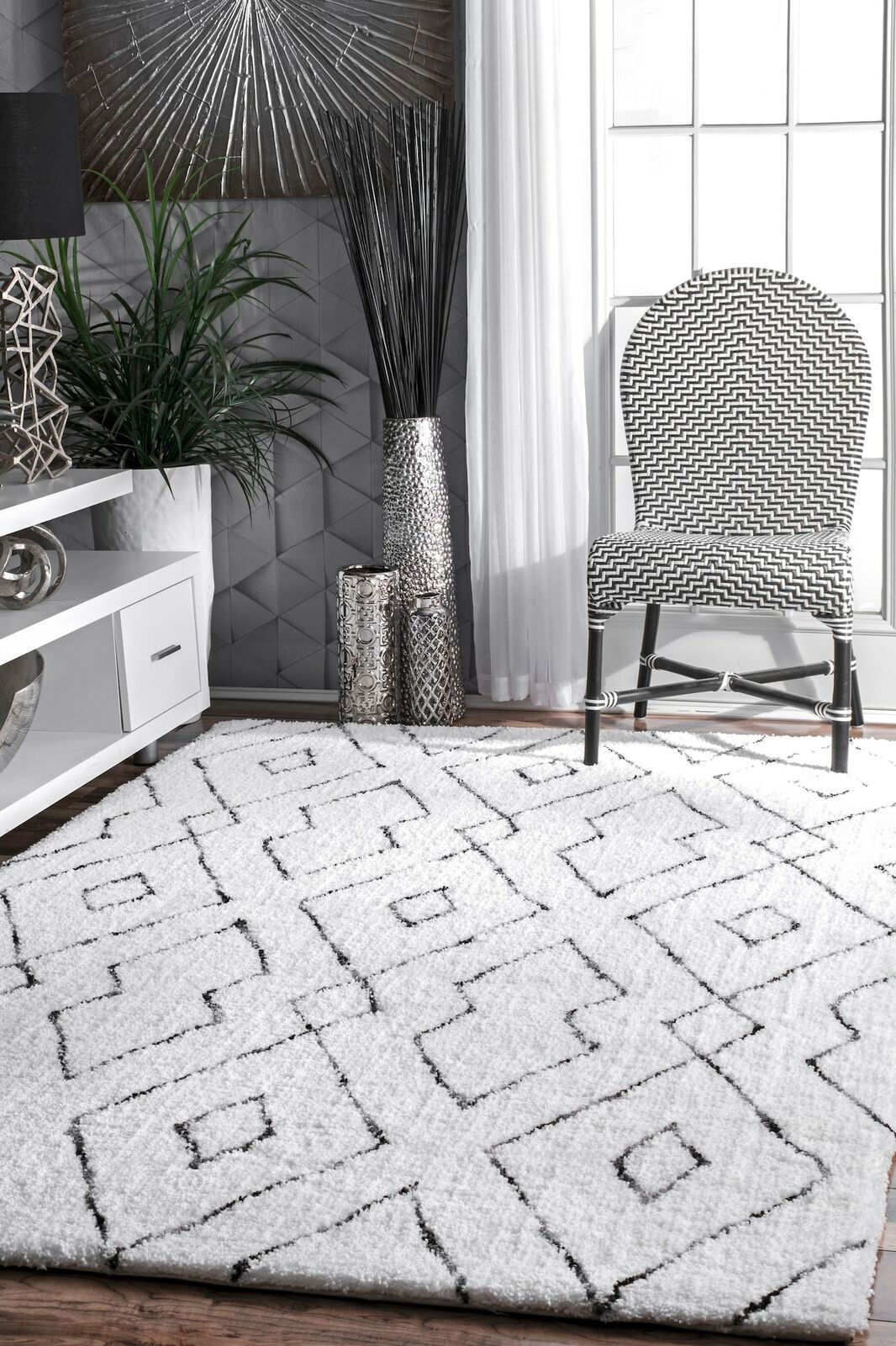 Large View Symphony Moroccan White Shag Rug(Size 170 x 110cm)