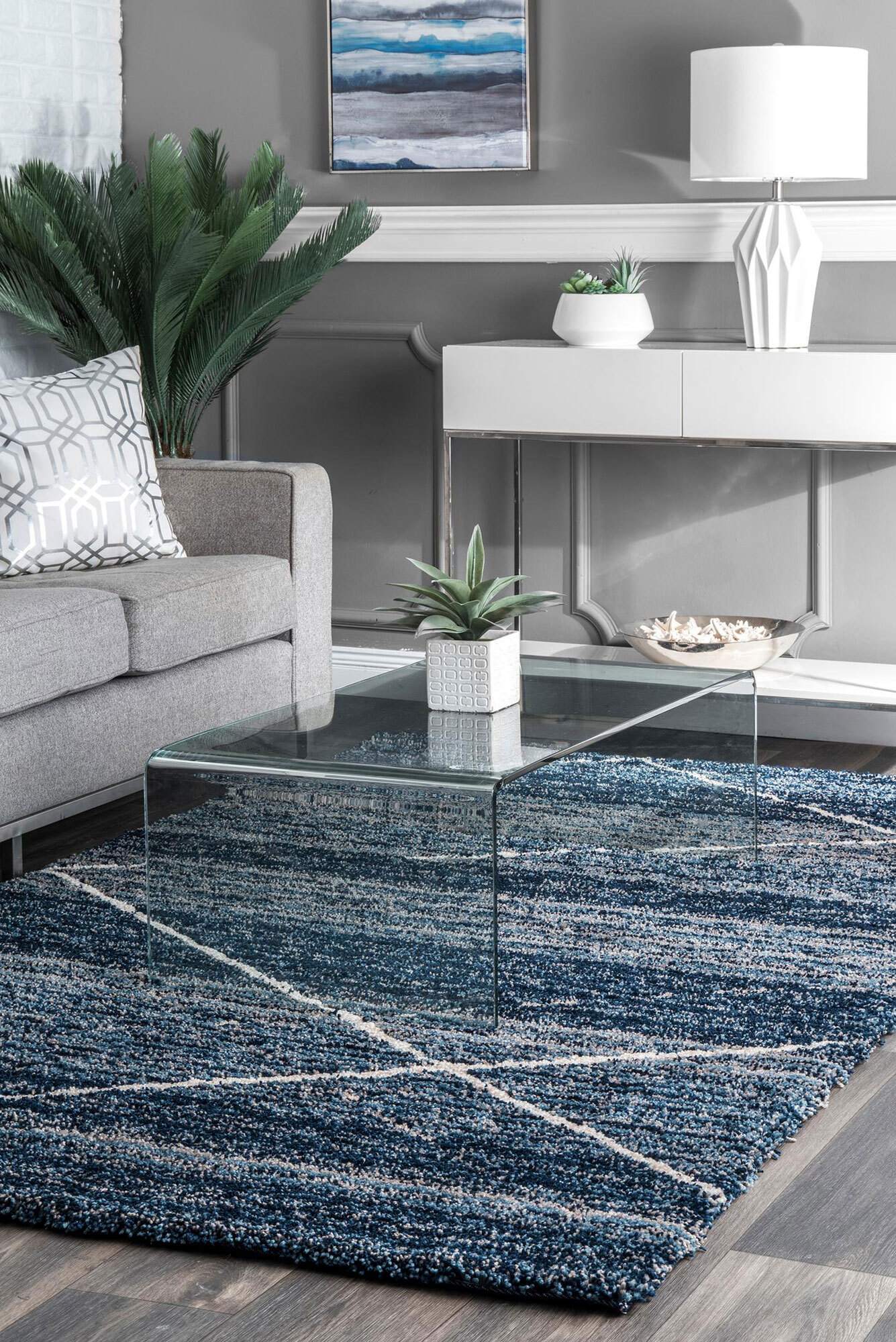 Large View Symphony Blue Striped Shag Rug(Size 170 x 110cm)