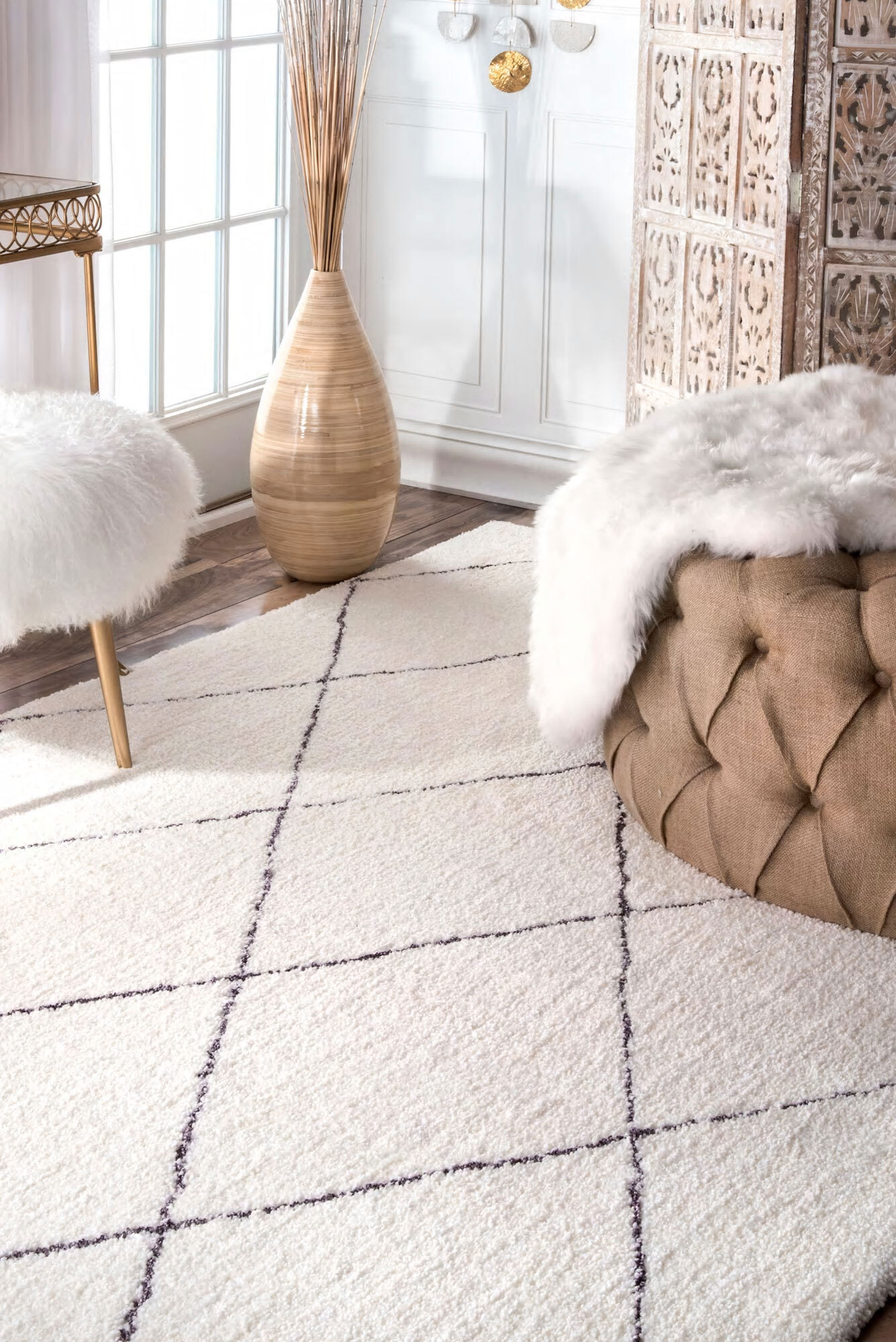 Large View Symphony Beige Trellis Shag Rug(Size 90 x 60cm)