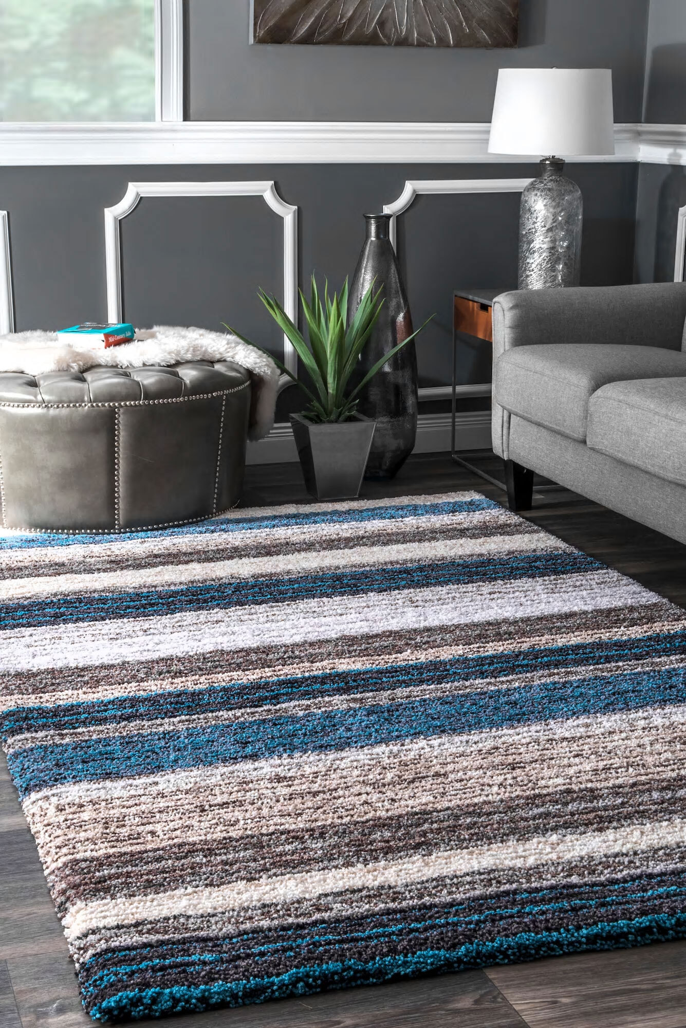 Symphony Striped Blue Shaggy Rug(Size 170 x 110cm)