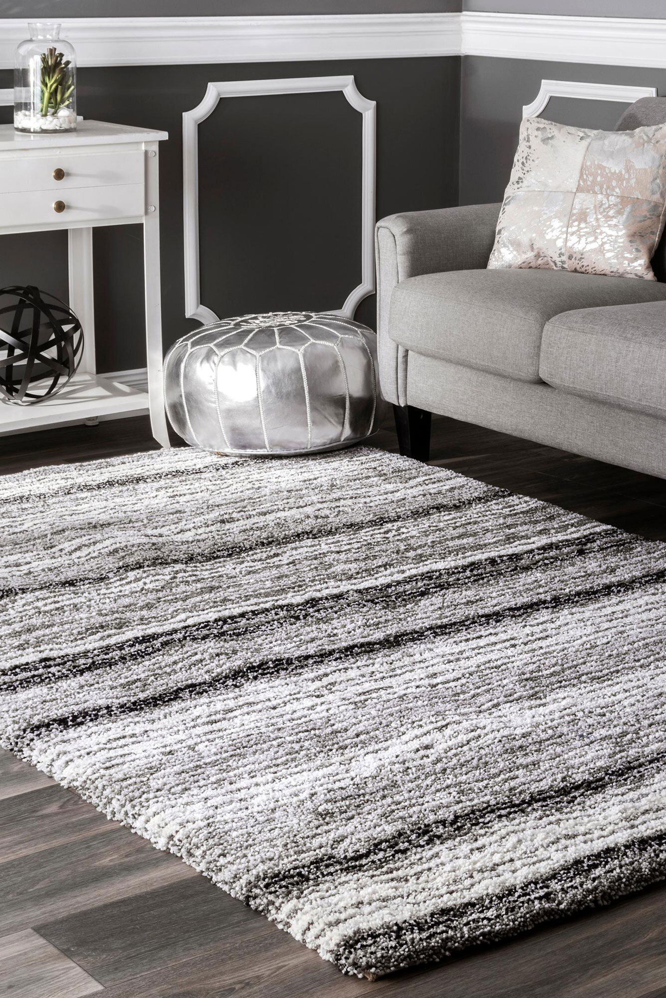 Symphony Grey Striped Shag Rug(Size 170 x 110cm)