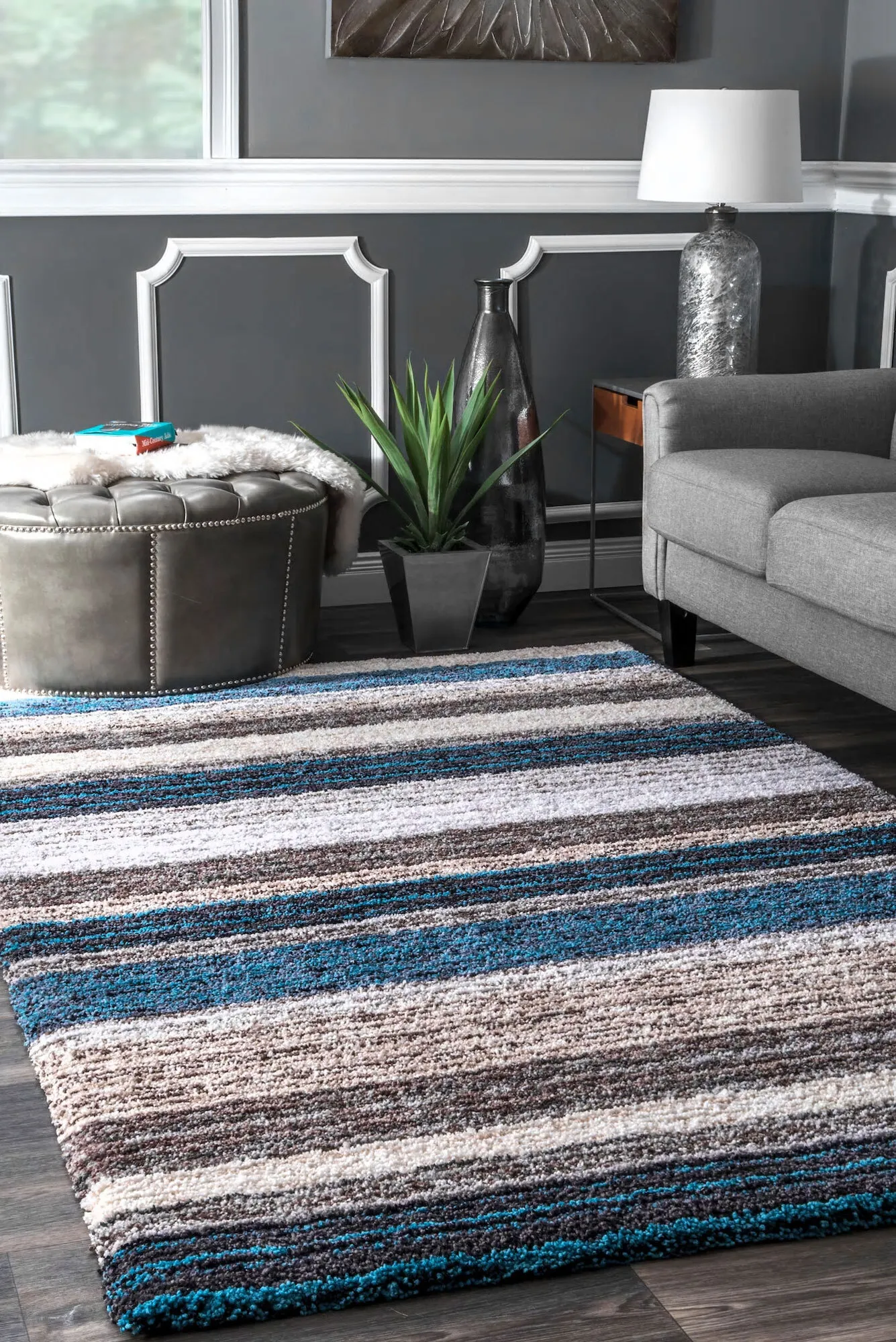 Symphony Striped Blue Shaggy Rug(Size 90 x 60cm)