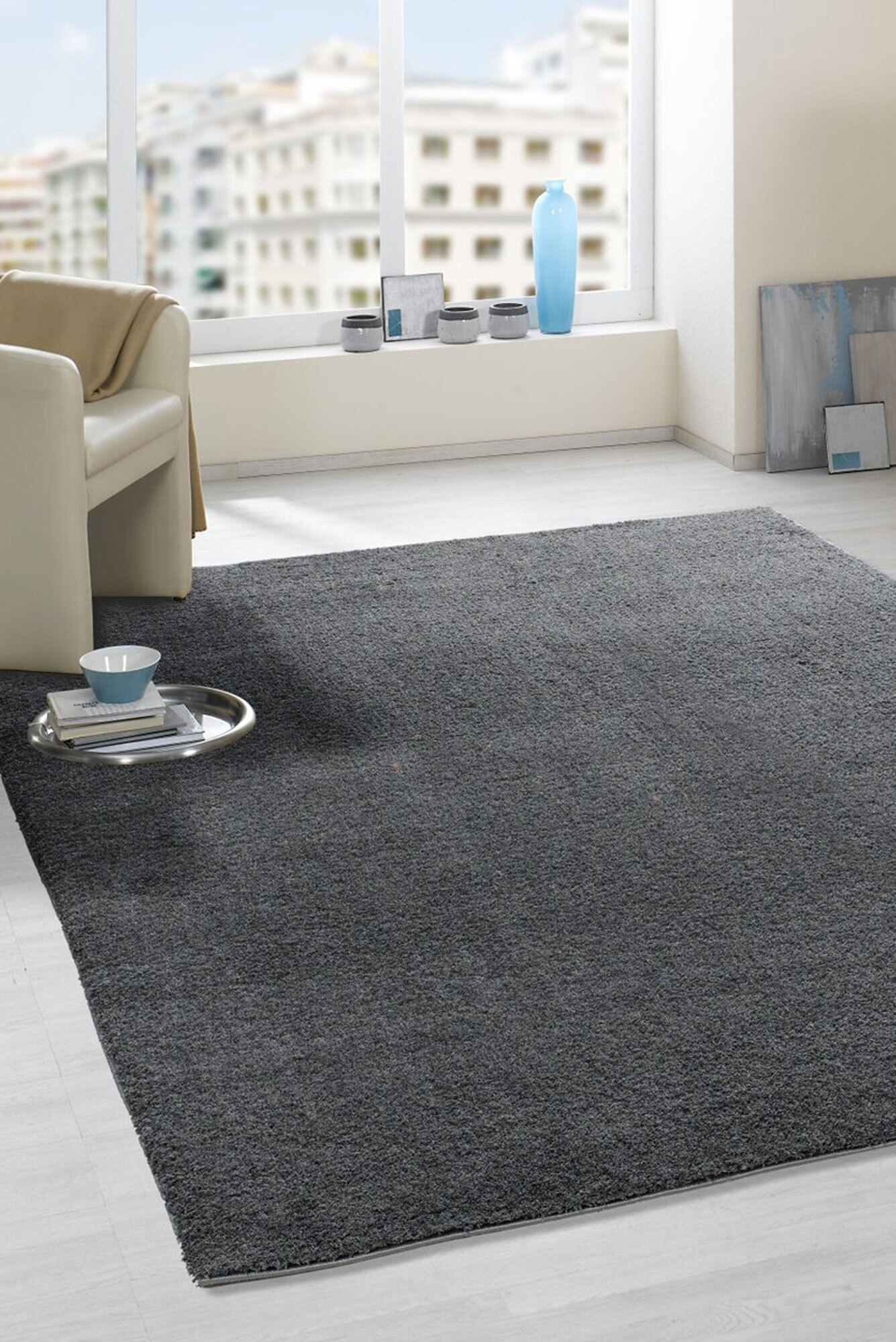 Silky Plain Grey Thick Shaggy Rug(Size 160 x 120cm)