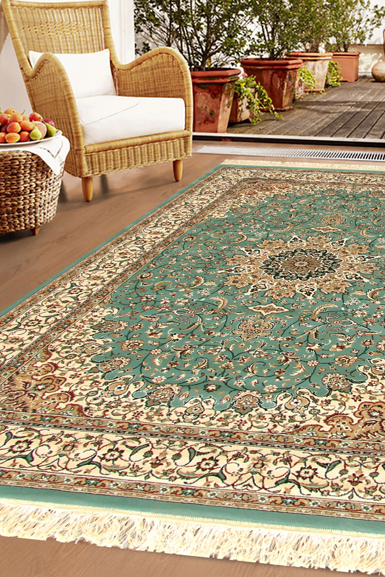 Tapis Blue Traditional Fringed Rug(Size 180 x 120cm)