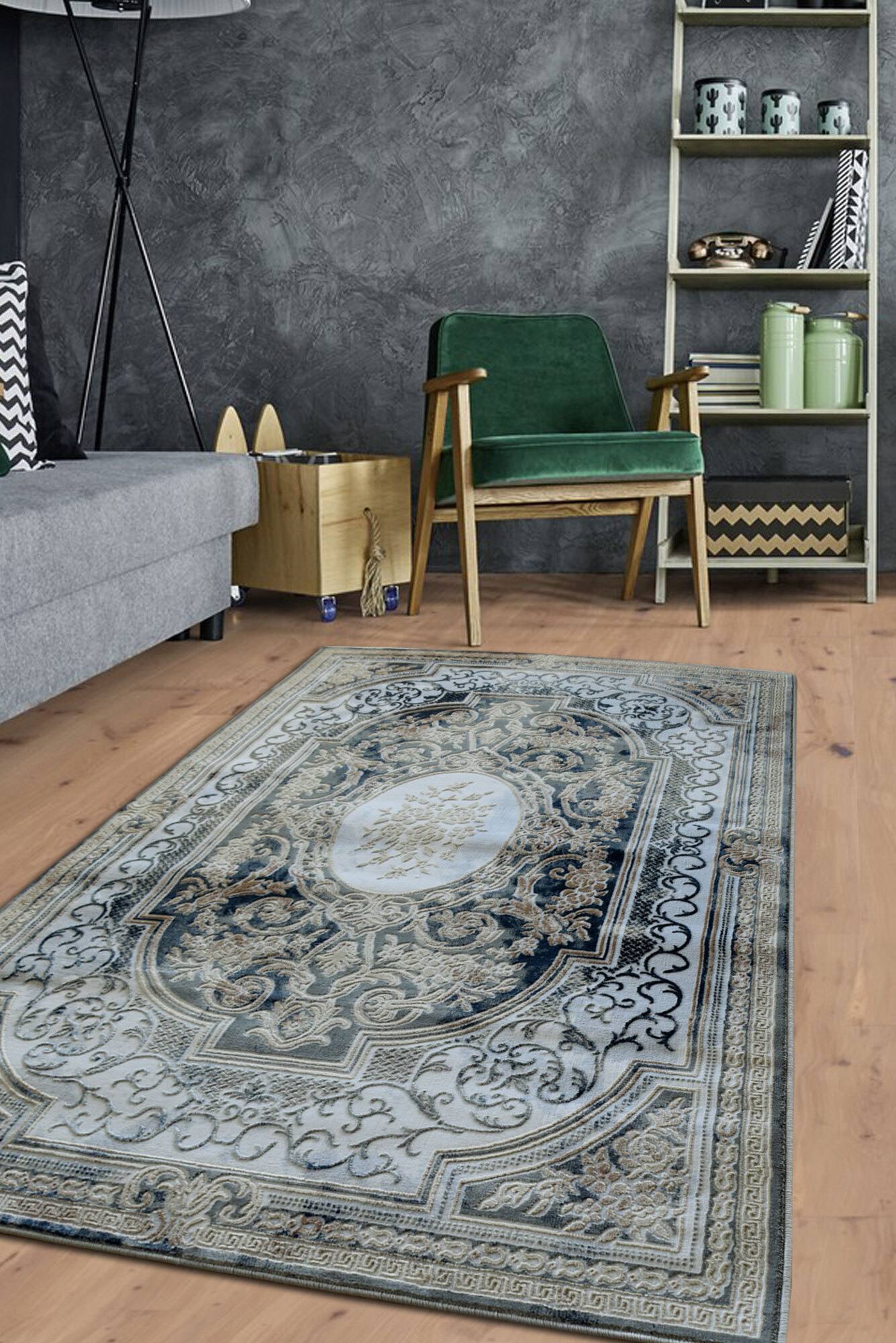 Large View Valentino Black French Floral Rug(Size 170 x 120cm)