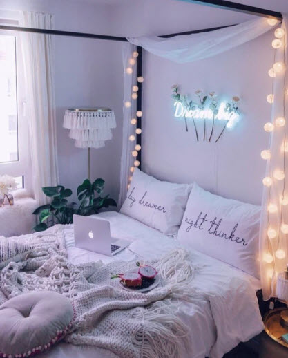 teen girl room with globe lighting