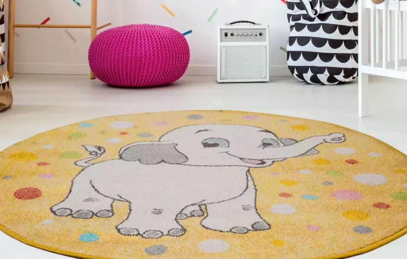 colourful kids rug with elephant pattern