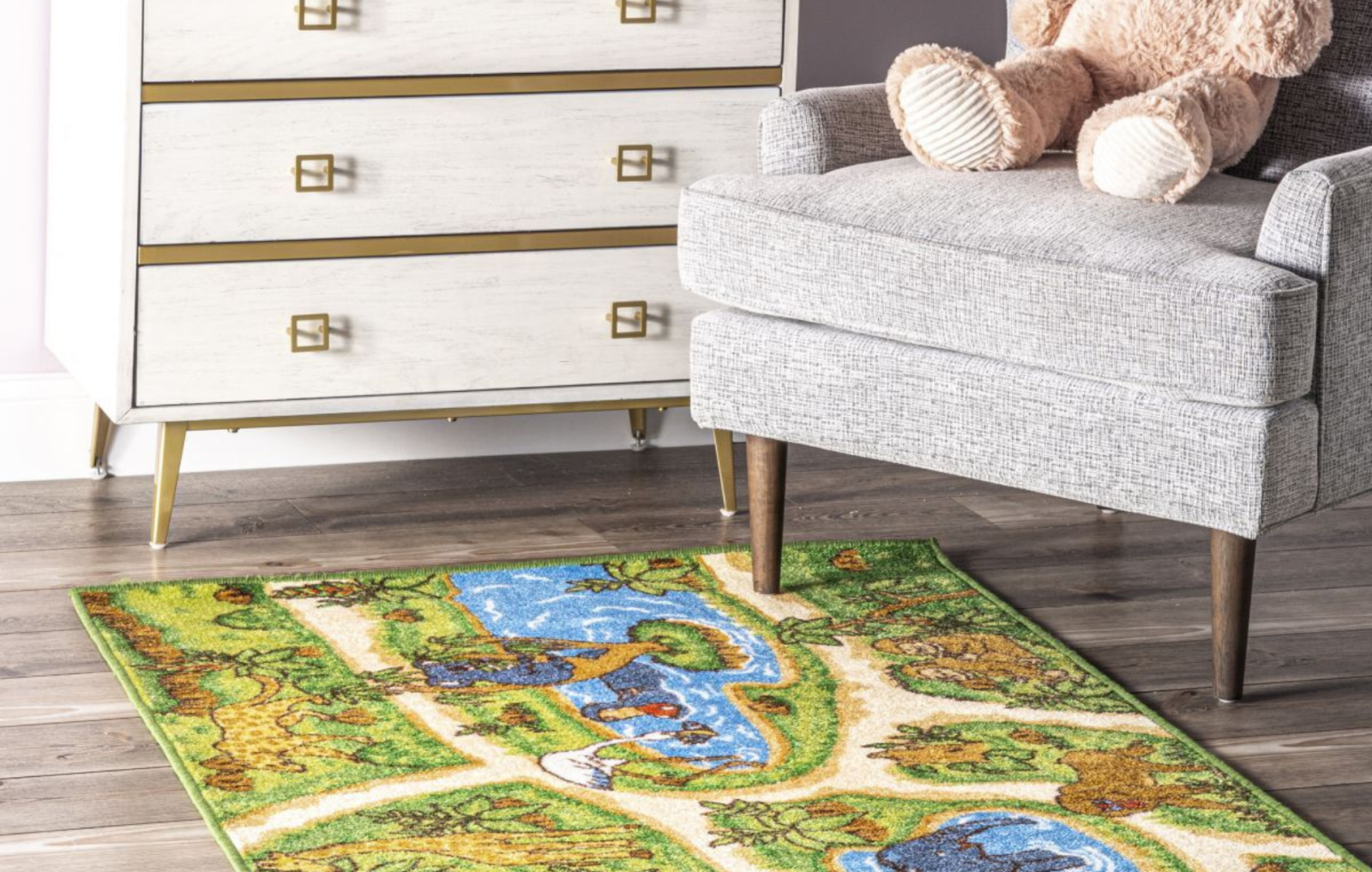 jungle-themed rug under chair