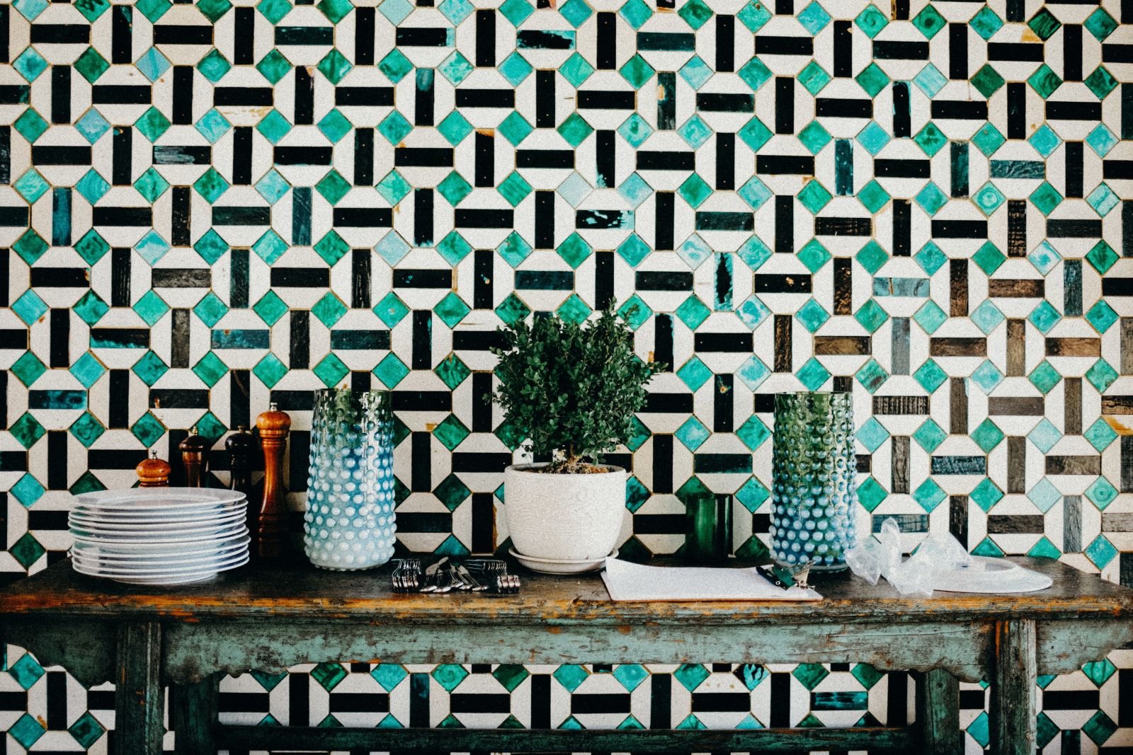 geometric tiles with plants