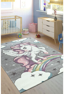 Childrens Nursery Rug Grey White Kids Unicorn Mat New Small Large Girls Playroom 
