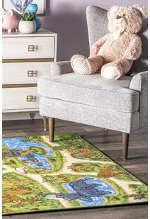 Kids Green Zoo Car Road Rug