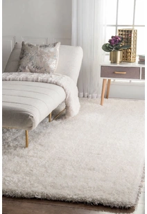 Liam Thick Plain Shaggy White Rug