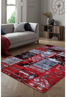 Paris Carved Red Patchwork Rug