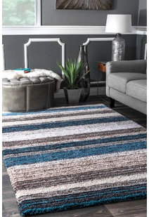 Symphony Striped Blue Shaggy Rug